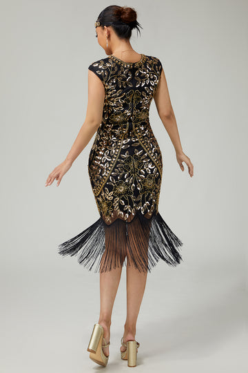 Sparkly Black Golden Bodycon Fringed 1920s Dress With 5-Piece Accessories Set
